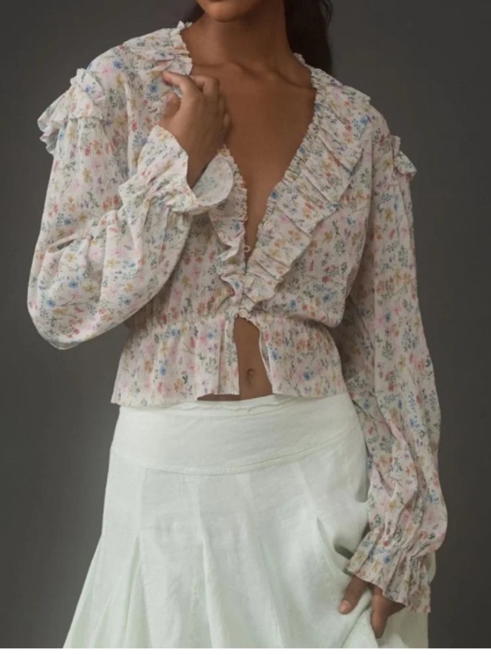 Anthropologie Long-Sleeve Mesh Ruffle Blouse Medium - Picture 2 of 9